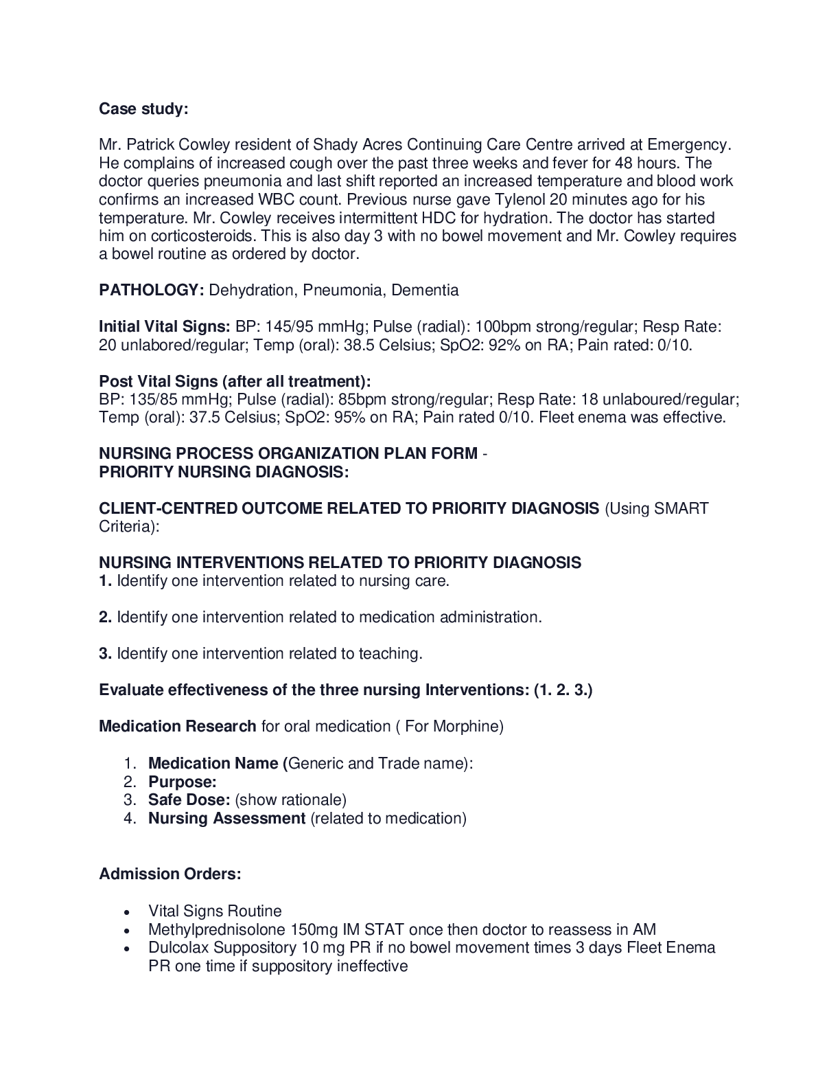 Preview image for Case Study: Mr. Patrick Cowley resident of Shady Acres Continuing Care Centre arrived at Emergency (answered)